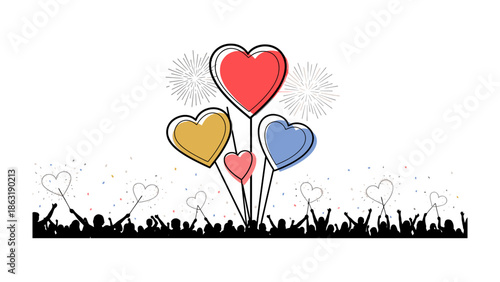 Love Celebration: Silhouette of a crowd celebrating a moment with hearts and fireworks above them, representing love, joy, and togetherness.