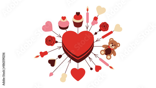 Sweetheart's Delight: An arrangement of hearts, sweets, and tokens of affection radiates outwards, a delightful representation of love and sweetness.