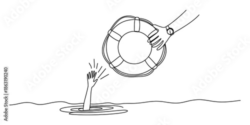 A hand reaching out from the water for a lifebuoy offered by a helpful hand Vector, illustration
