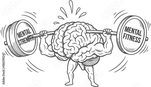 Brain lifting weights exercising mental strength and fitness concept black and white doodle vector illustration 