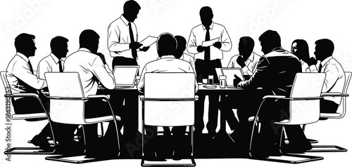 Business people having meeting or conference. Coworkers sitting at the table silhouette vector illustration. ,Vector illustration black and white on white background 