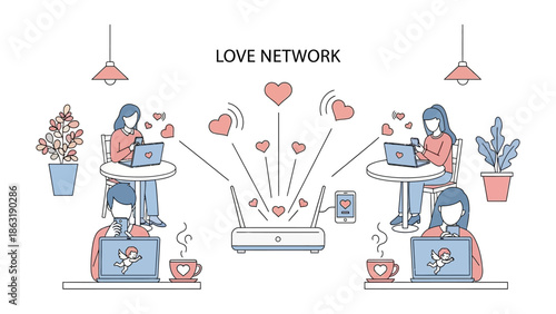 Love Network: A network connection illustration concept of people connect each other and share love on internet 