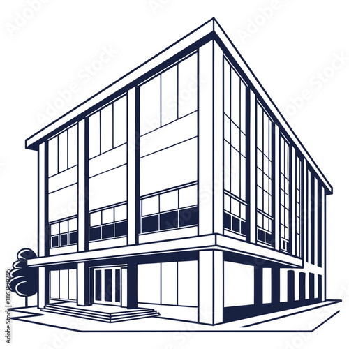 Corporate building icon with glass windows, flat vector design representing a metropolitan business center or commercial skyscraper.