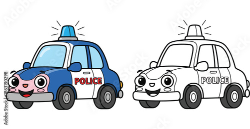 Coloring book page cute cartoon police car character. Funny transport vehicle with face. Color and black white outline vector illustration isolated on white background.