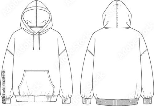 Classic Hoodie technical fashion illustration. hoodie vector template illustration. front and back view. oversized. drop shoulder. unisex. white color. CAD mockup 