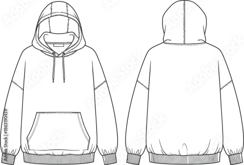 Classic Hoodie technical fashion illustration. hoodie vector template illustration. front and back view. oversized. drop shoulder. unisex. white color. CAD mockup 