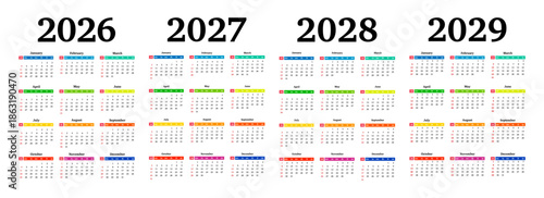 Set of calendars for 2026, 2027, 2028 and 2029 on a white background