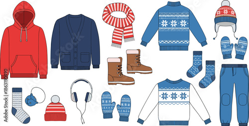Winter clothing icons, hoodie sweater boots mittens hats socks scarf headphones, cold weather outfit set, flat vector illustration