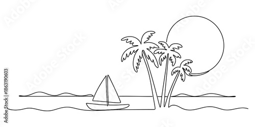 A minimalist continuous line drawing depicting a sailboat and palm trees on a tropical beach at sunset or sunrise Vector, illustration