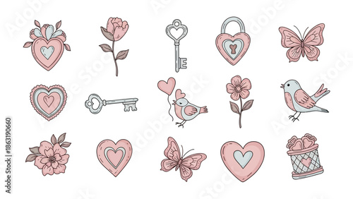 Sweet Emblems of Affection: An illustration showcases a collection of delicate symbols, each whispering tales of love, romance, and heartfelt devotion, perfect for conveying tender sentiments.