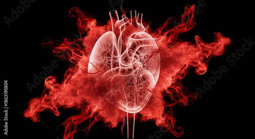 3D Medical Illustration of Human Lungs and Respiratory System with Glowing Red Smoke on Black Background