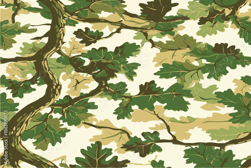 A seamless pattern of oak tree branches with leaves, a camouflage-like background.