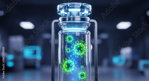 3D Rendered Coronavirus Particles in Glass Jar on Laboratory Table with Blue Lighting