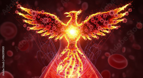 Digital Phoenix Rising from Flames with Fiery Wings and Glowing Core in Dark Virus Background