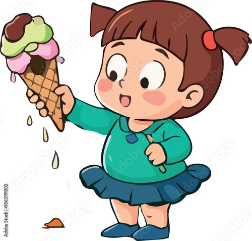 A cheerful cartoon illustration shows a little girl with pigtails excitedly holding a melting ice cream cone