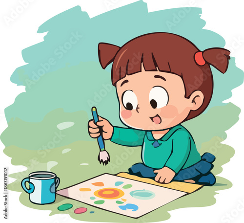 A cute cartoon illustration shows a little girl happily painting a colorful picture on paper while sitting on the floor with art supplies