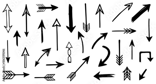 Collection hand drawn arrows. Set simple arrows isolated on white background. Arrow mark icons. Arrow paint
