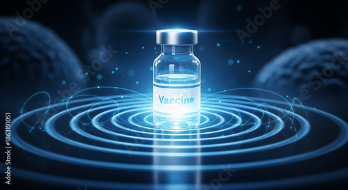 3D Rendered COVID-19 Vaccine Vial with Glowing Blue Digital Waves in Futuristic Sci-Fi Background