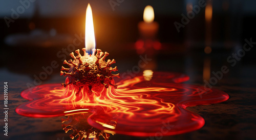 Burning red candle with melting wax on dark reflective surface, warm golden glow, spiritual meditation background