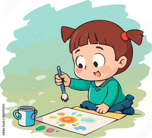 A cute cartoon illustration shows a little girl happily painting a colorful picture on paper while sitting on the floor with art supplies.