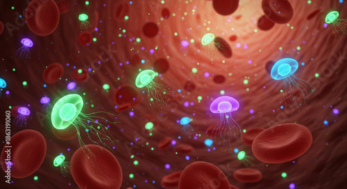 3D Rendering of Glowing Jellyfish Cells in Dark Red Bloodstream with Vibrant Bioluminescence