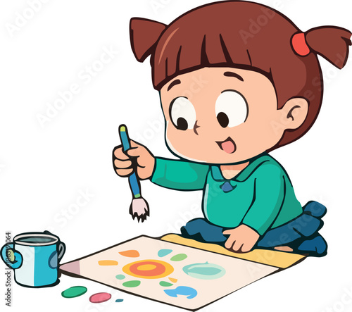 A cheerful cartoon illustration shows a little girl kneeling on the floor while painting a colorful picture with a brush and paint cup beside her.