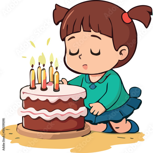 A cute cartoon illustration shows a little girl kneeling and blowing out candles on a birthday cake with a gentle, peaceful expression.