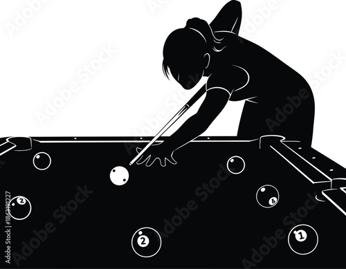 Female Playing PoolBilliards Silhouette - Sport, Hobby & Leisure Vector Art. only black and white 