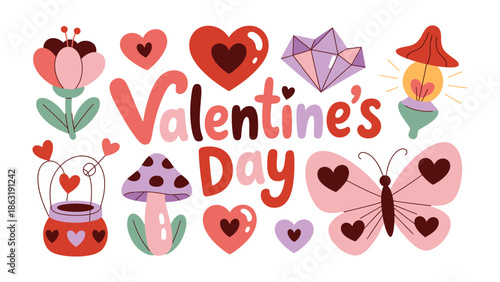 Valentine's Day Elements: A charming array of delightful illustrations and calligraphy encapsulates the essence of Valentine's Day. Featuring a symphony of hearts, blossoms.