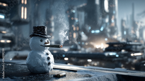 Futuristic snowman wearing top hat and smoking cigar in cyberpunk city during snowfall at night, surreal winter scene.