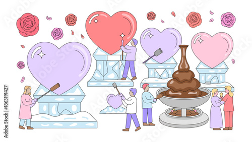 A Whimsical Valentine's Day Scene: Tiny figures are working to prepare for Valentine's Day. There is heart-shaped sculptures, a chocolate fountain, and decorative roses. 