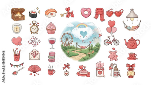 Valentine's Day Icon Clutter: A diverse collection of heart-themed icons and charming illustrations evokes feelings of love, romance, and joyful celebration. 