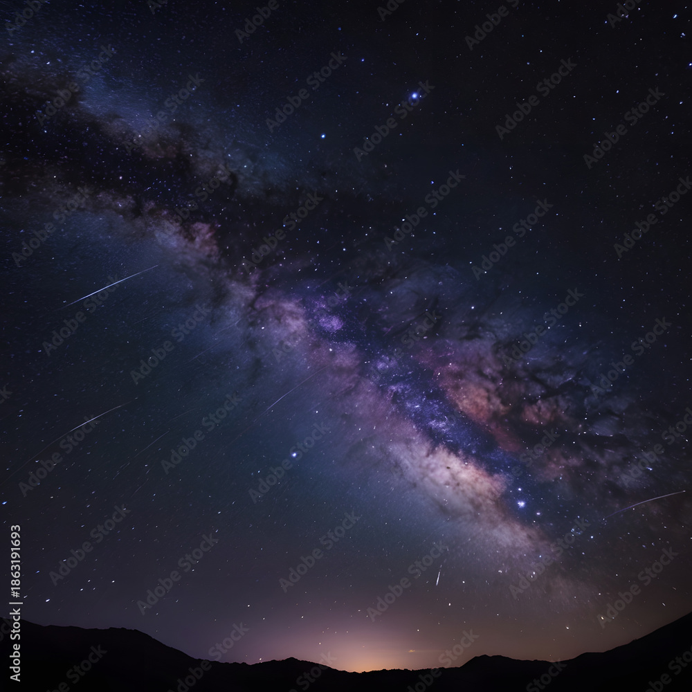 Fototapeta premium A breathtaking celestial panorama of the Milky Way galaxy, illuminated by countless stars and streaked with shooting meteors across the dark night sky