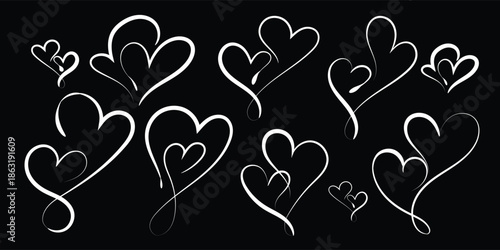 White Heart Line Doodles Isolated on Black, Hand Drawn Flowing Heart Lines in Minimal Style, Elegant White Heart Outline Line Art