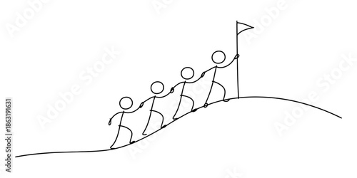 A team of stick figures working together to climb a challenging hill and reach their shared goal. Vector, illustration