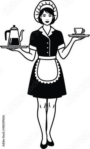 retro 80s style hand drawing of a waitress serving coffee or tea. female barista in vintage style. beautiful woman waiter of a restaurant or coffee shop. vector illustration  