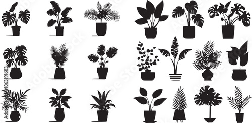 Potted houseplant silhouette collection modern indoor plants black vector icons black on white background