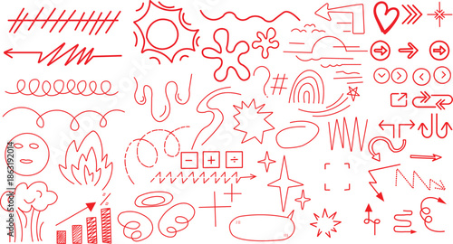 Collection of various hand drawn red doodle icons representing arrows signs shapes and abstract design elements for marking emphasis.