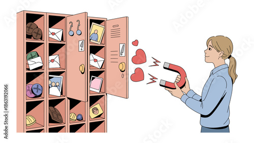 Attraction in the Locker: A young woman uses a magnet to draw hearts, symbolizing affection and interest, from a locker filled with mementos and keepsakes.