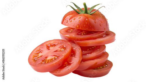Freshly sliced juicy tomatoes stacked with water droplets