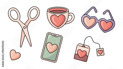 Love Symbols in Daily Life: A curated collection of endearing icons, including heart-shaped glasses, a cozy teacup, a smartphone, stylish scissors, a tea bag, and a floating heart.
