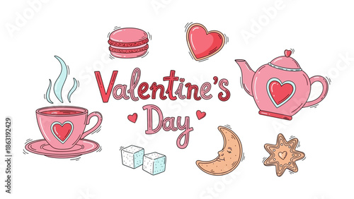 Valentine's Day Elements of Love: A delightful display of Valentine's Day elements, including heart-shaped symbols, sweet treats, and charming designs, conveys the spirit of love and affection.