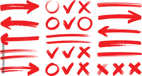 Red grunge brush stroke collection featuring hand drawn arrows, check marks, cross signs and circles with painted texture for design elements and correction symbols