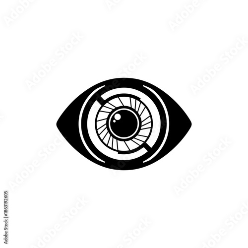 A black vector illustration of a human eye icon featuring a detailed iris and pupil design as a modern vision symbol for web logo art