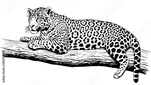 Jaguar (onça-pintada) resting on a tree branch, detailed vector illustration, realistic anatomy, sharp spots pattern, tropical forest animal, isolated on white background, clean lines, high detail