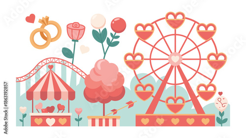 Romantic Amusement Park Illustration: A delightful illustration showcases a whimsical amusement park scene, filled with romantic elements like a Ferris wheel adorned with hearts, a charming carousel.