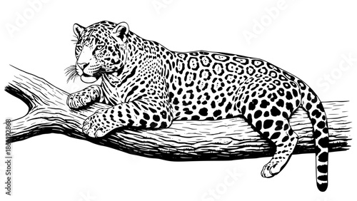 Jaguar (onça-pintada) resting on a tree branch, detailed vector illustration, realistic anatomy, sharp spots pattern, tropical forest animal, isolated on white background, clean lines, high detail
