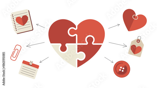 Love's Integrated Design: A conceptual illustration depicting interconnected elements of love and affection, symbolized by a heart composed of puzzle pieces, surrounded by various icons of endearment.