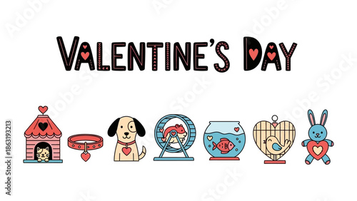 Valentine's Day with Cute Pets: Celebrate love and affection with adorable animal companions, including a dog, cat, rabbit, bird, and fish, perfect for expressing heartfelt sentiments.