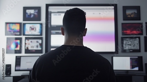 Digital Creator Immersed in Multi-Screen Workspace with Vibrant Gradients and Tech Displays